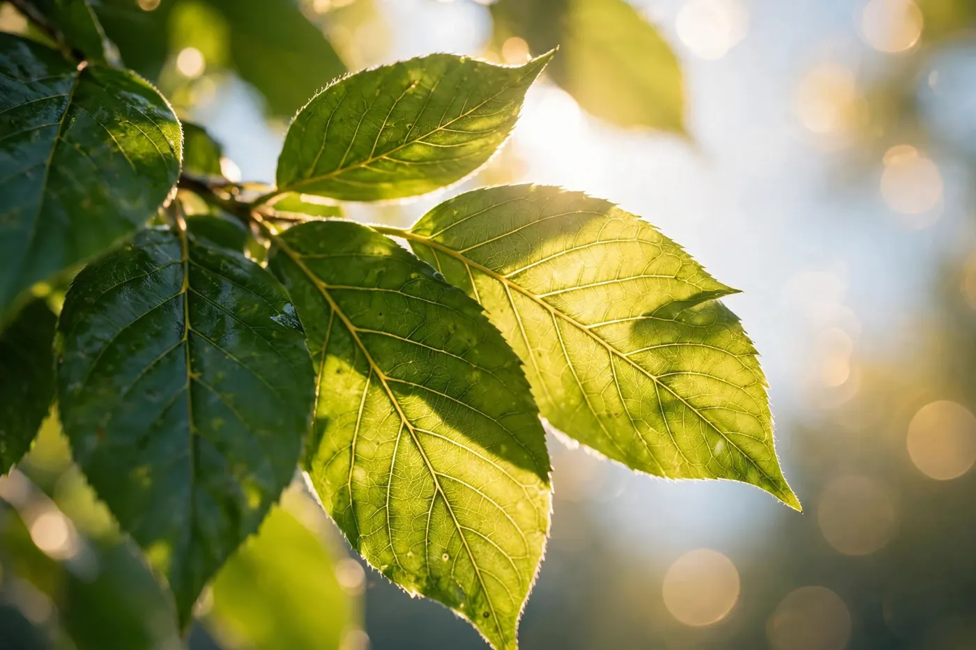 Sunlight shining through green tree leaves