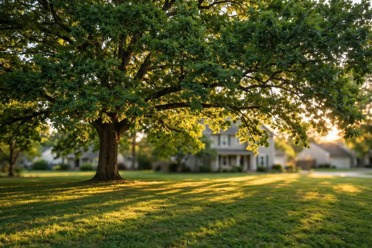 A large shade tree over a front yard in golden light